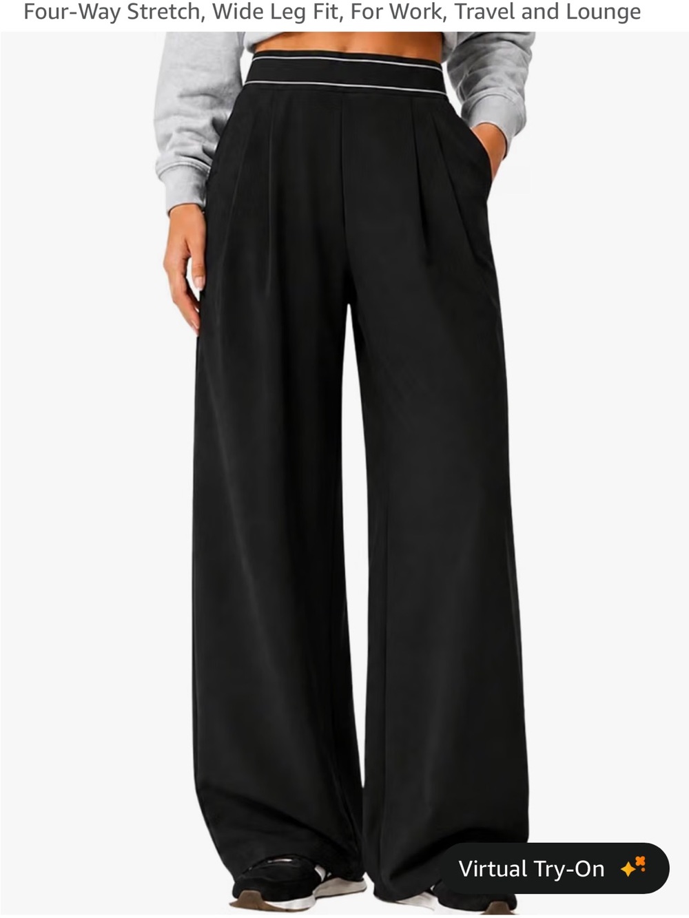 Black Wide-Leg Pleated Trousers with Elastic Waist